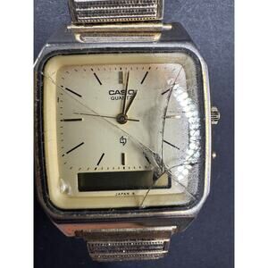 Vintage Casio AQ-321G Analog Digital Men's Watch Gold Tone 29.7mm Stretch Band